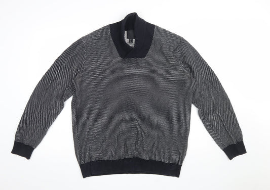 H&M Men Blue Geometric Knit Cotton V-Neck Jumper Size L