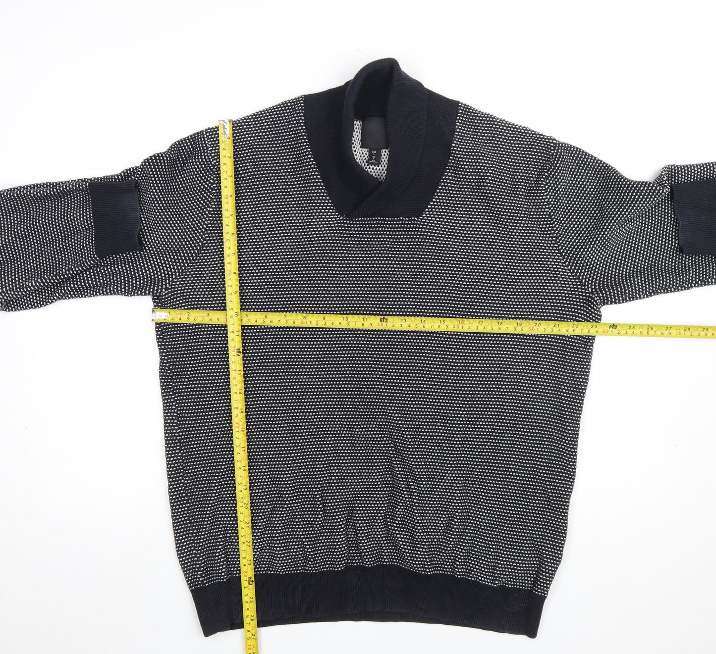 H&M Men Blue Geometric Knit Cotton V-Neck Jumper Size L