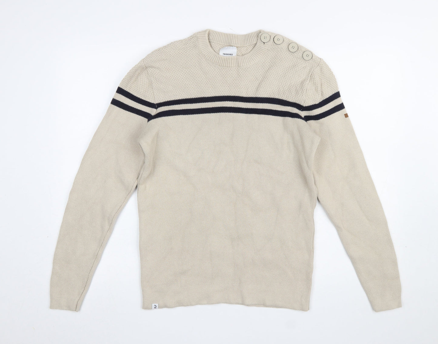 Tribord Men Beige Striped Cotton Crew Neck Pullover Jumper L