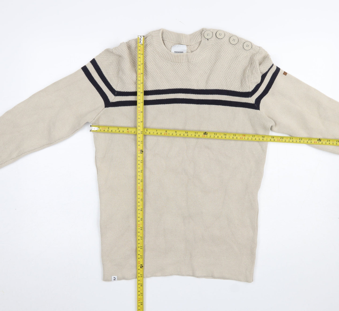 Tribord Men Beige Striped Cotton Crew Neck Pullover Jumper L