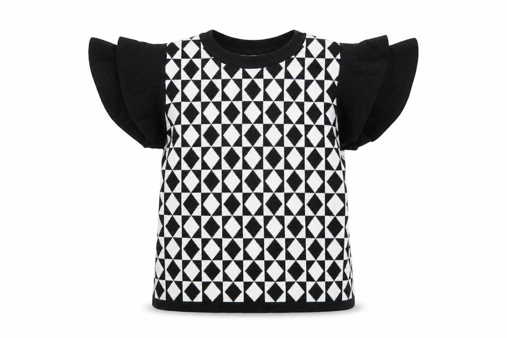 LUC-CE Girls Black & White Geometric Short Sleeve Pullover Jumper M/L
