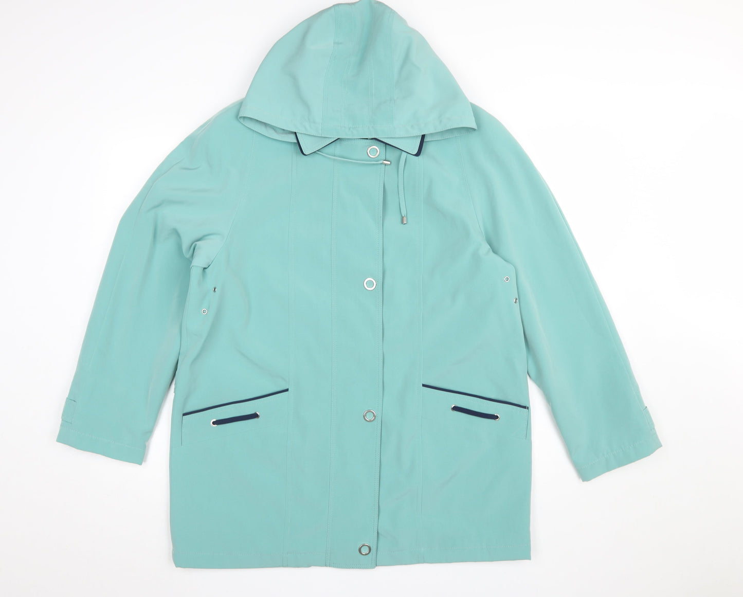 EWM Women’s Green Hooded Rain Coat Size 14 Waterproof Mid-Length