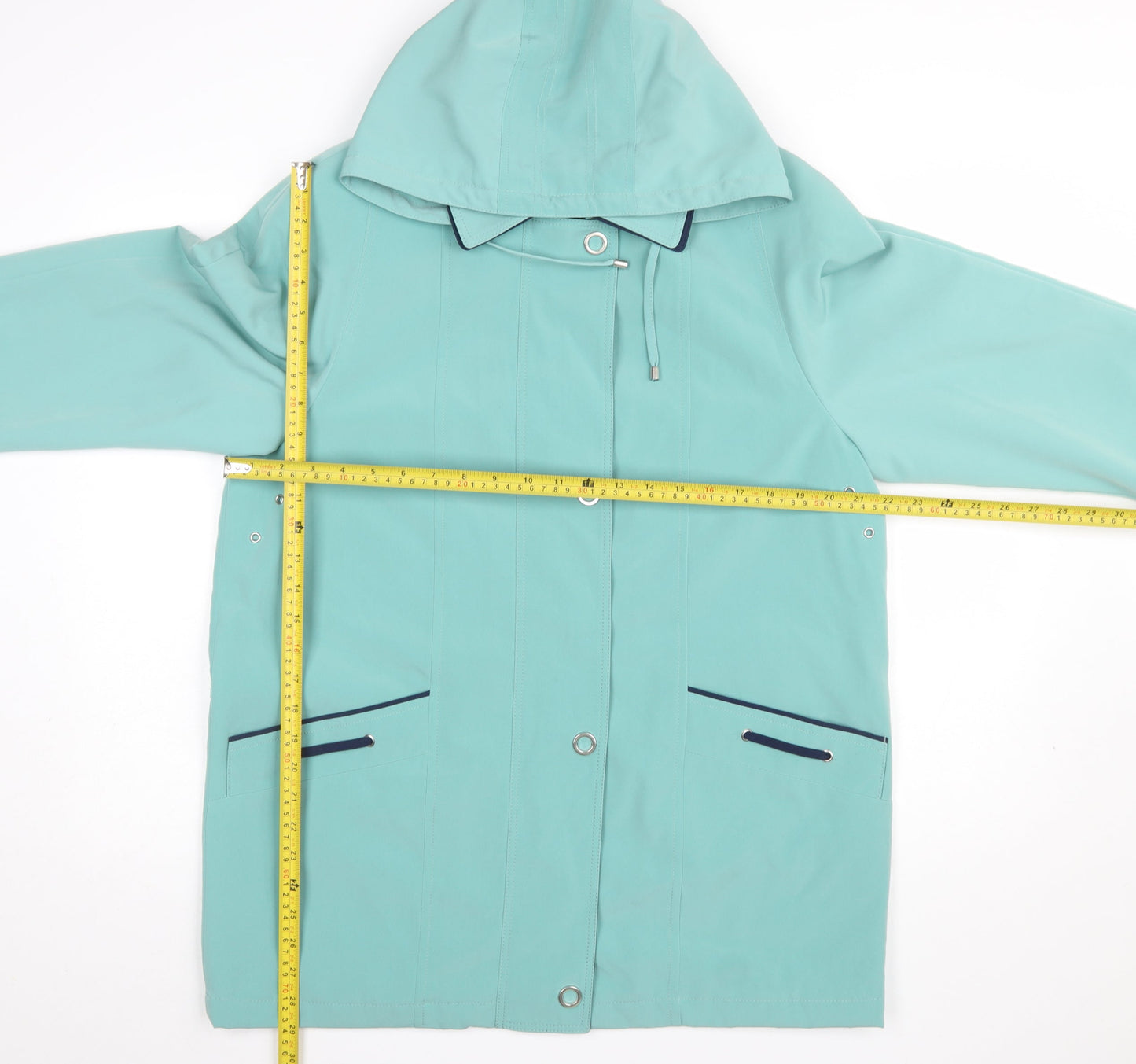 EWM Women’s Green Hooded Rain Coat Size 14 Waterproof Mid-Length
