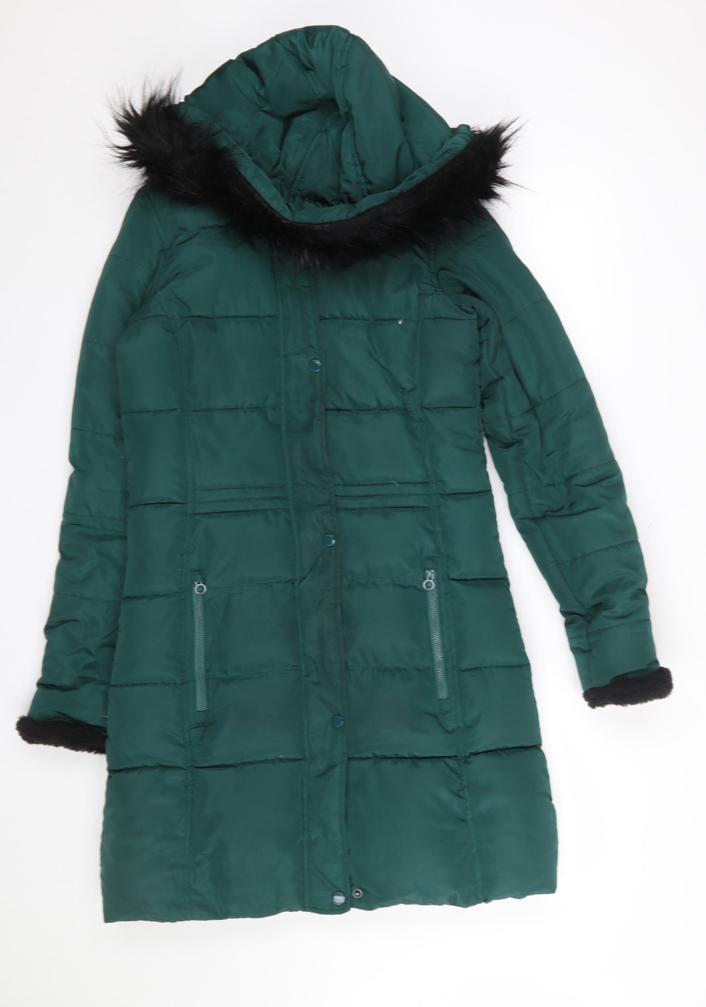 Regatta Women’s Green Long Puffer Coat Hooded Fur Trim Size 8