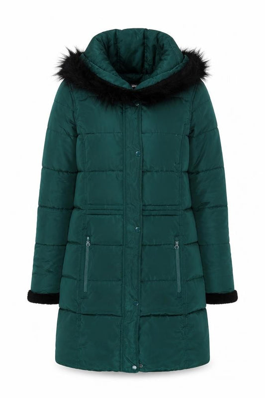 Regatta Women’s Green Long Puffer Coat Hooded Fur Trim Size 8