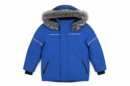 Front view of Urban boys’ blue hooded puffer jacket 6 years faux fur trim winter coat