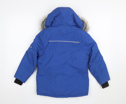 Close-up detail of Urban boys’ blue hooded puffer jacket 6 years faux fur trim winter coat
