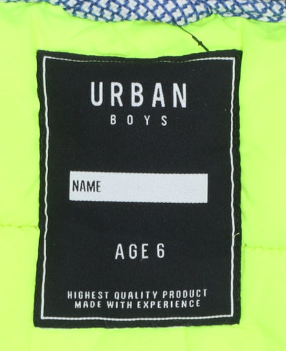 Brand and care label for Urban boys’ blue hooded puffer jacket 6 years faux fur trim winter coat
