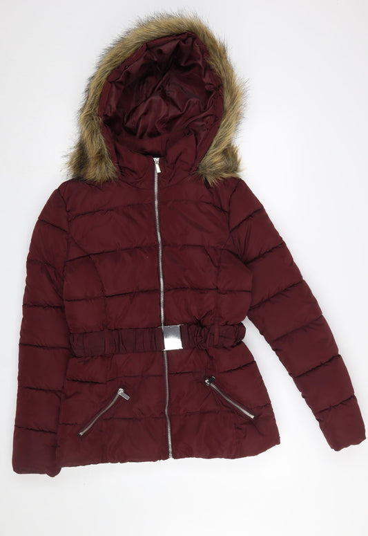 915 Generation Teens Red Hooded Puffer Jacket Size 14 Belted Warm Winter Coat