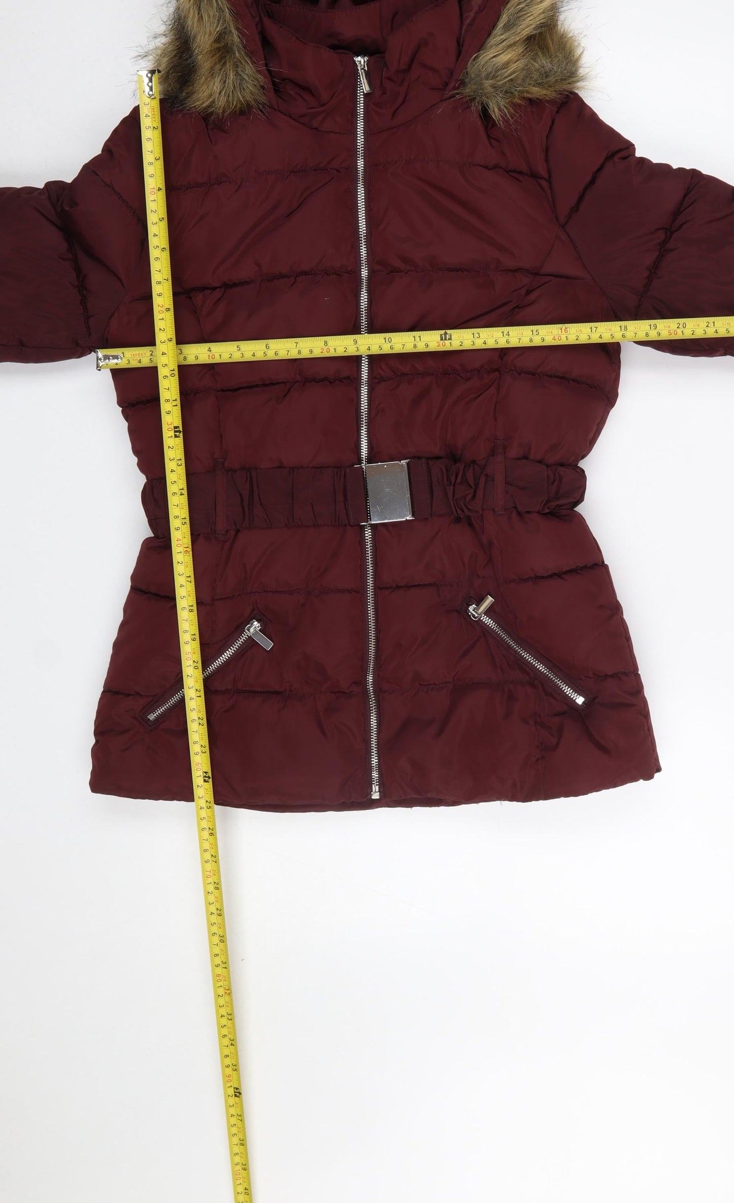 915 Generation Teens Red Hooded Puffer Jacket Size 14 Belted Warm Winter Coat