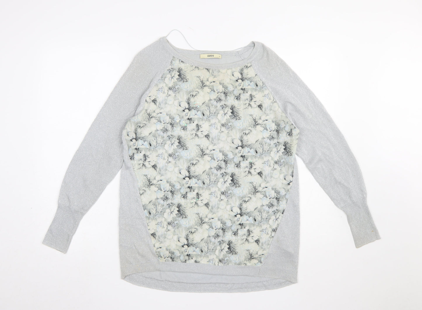 Oasis Womens Grey Floral Metallic Pullover Jumper Size S