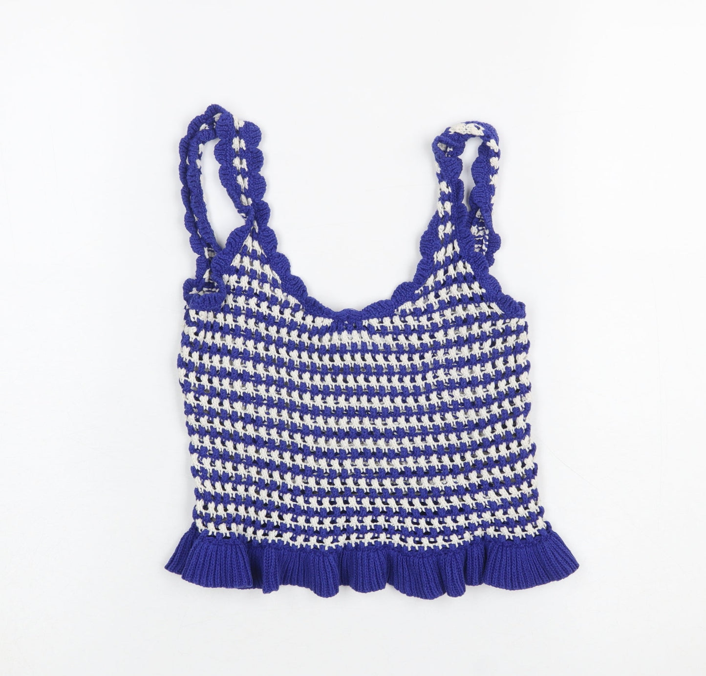Stradivarius Women Blue Crochet Knit Ruffle Tank Top Size S