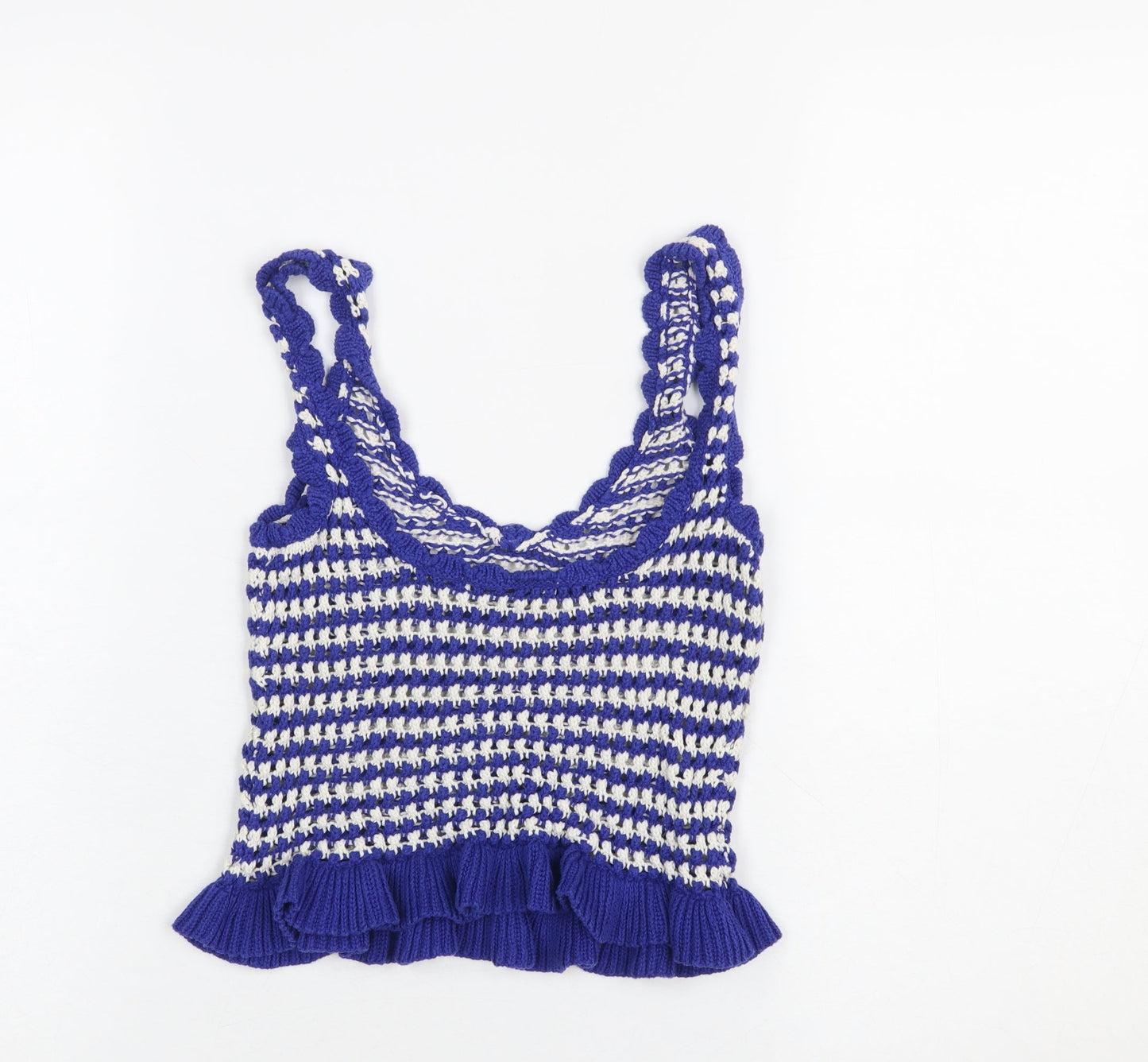 Stradivarius Women Blue Crochet Knit Ruffle Tank Top Size S