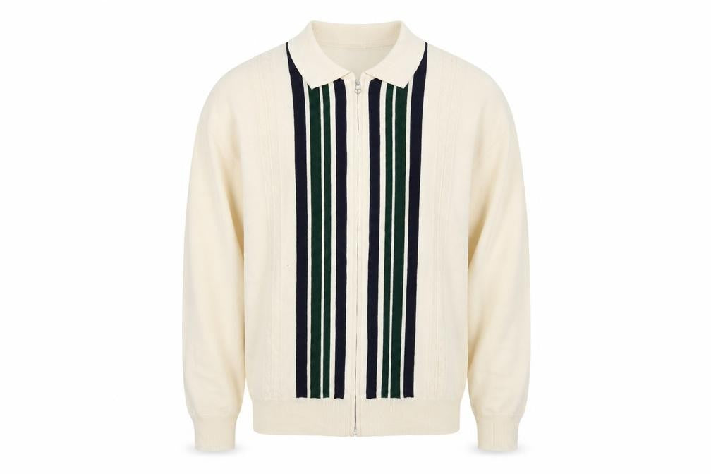 iets frans Men’s Beige Striped Full Zip Collared Jumper Size L