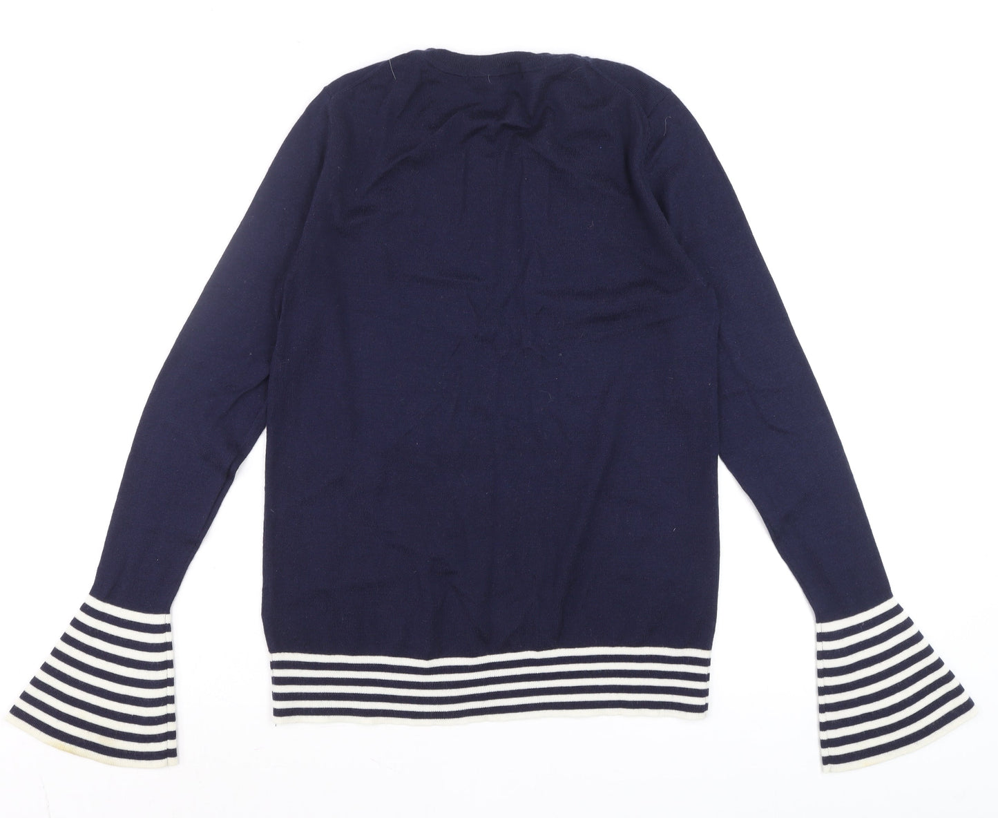 Boden Women Blue Wool Knit Long Sleeve Striped Flared Cuff Jumper UK 10