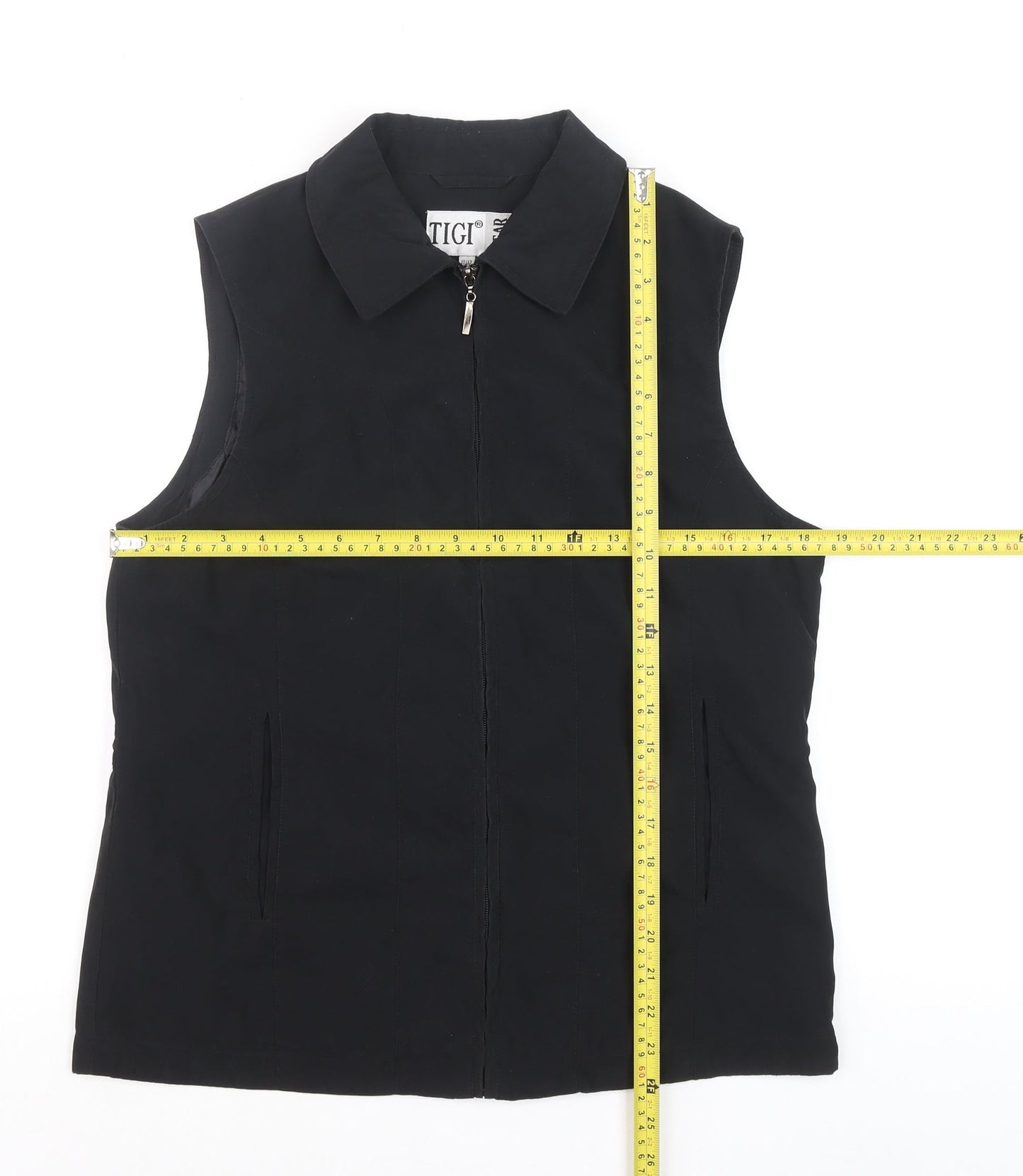 TIGI Wear Women's Black Sleeveless Collared Zip Front Top Size 10
