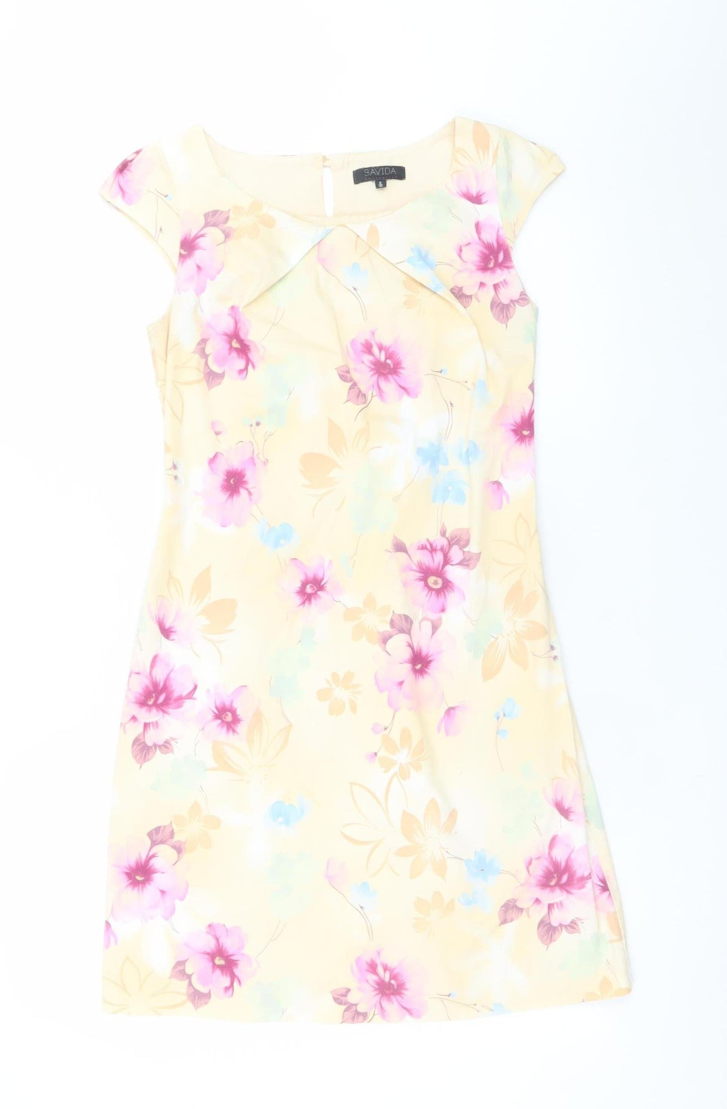 Savida Women Beige Floral Shift Dress Size 8 Short Sleeve