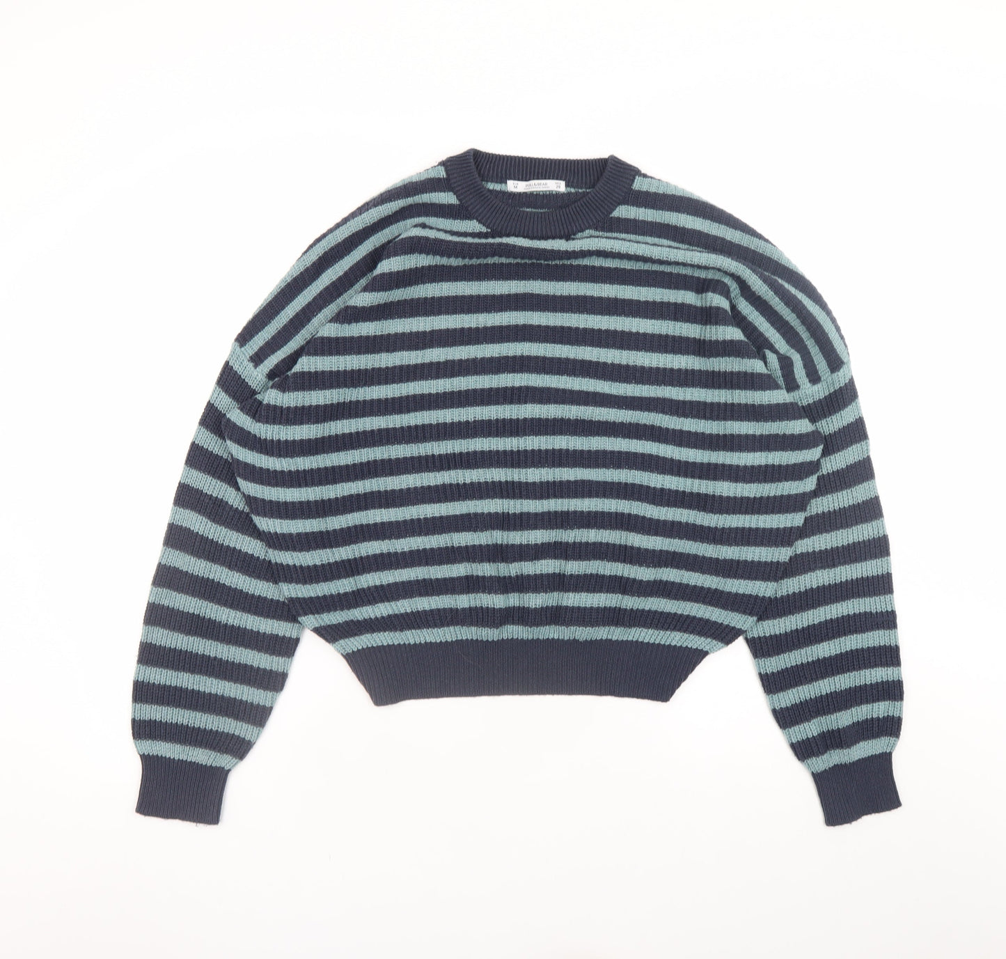 Pull&Bear Women's Blue Striped Crew Neck Cotton Knit Jumper Size 12