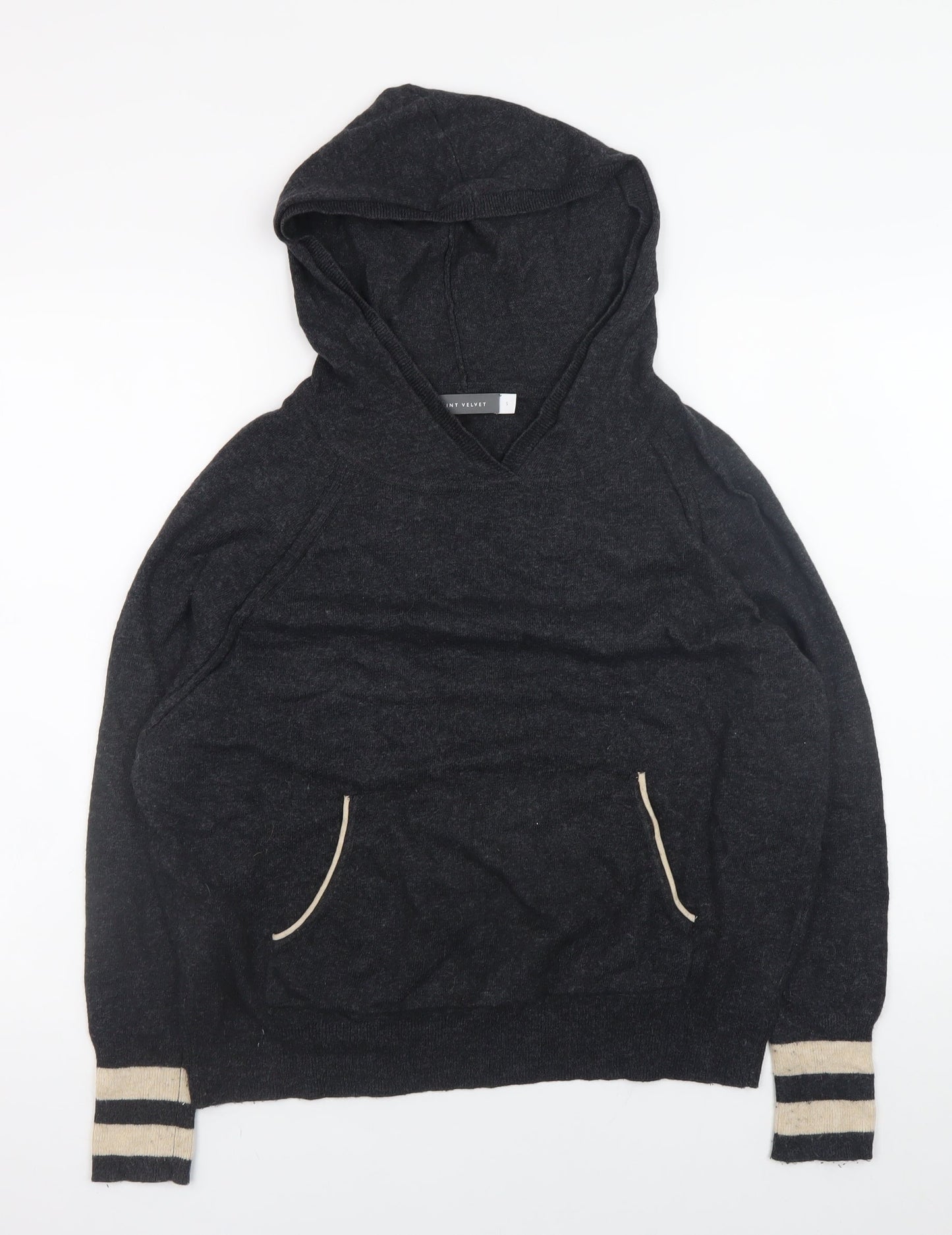Mint Velvet Women Black Small Hooded Star Knit V-Neck Pullover Jumper