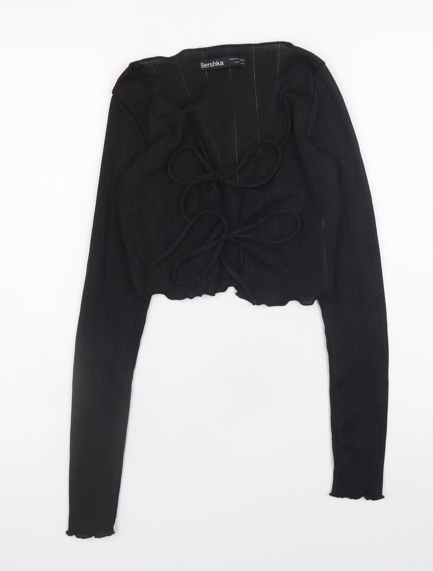 Bershka Women Black Cropped Knit Long Sleeve Tie Blouse XS