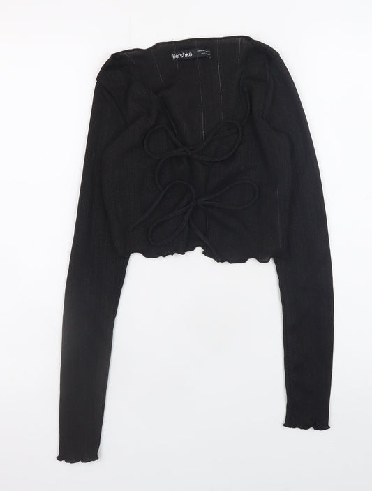 Bershka Women Black Cropped Knit Long Sleeve Tie Blouse XS