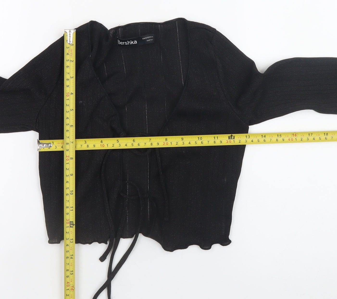 Bershka Women Black Cropped Knit Long Sleeve Tie Blouse XS