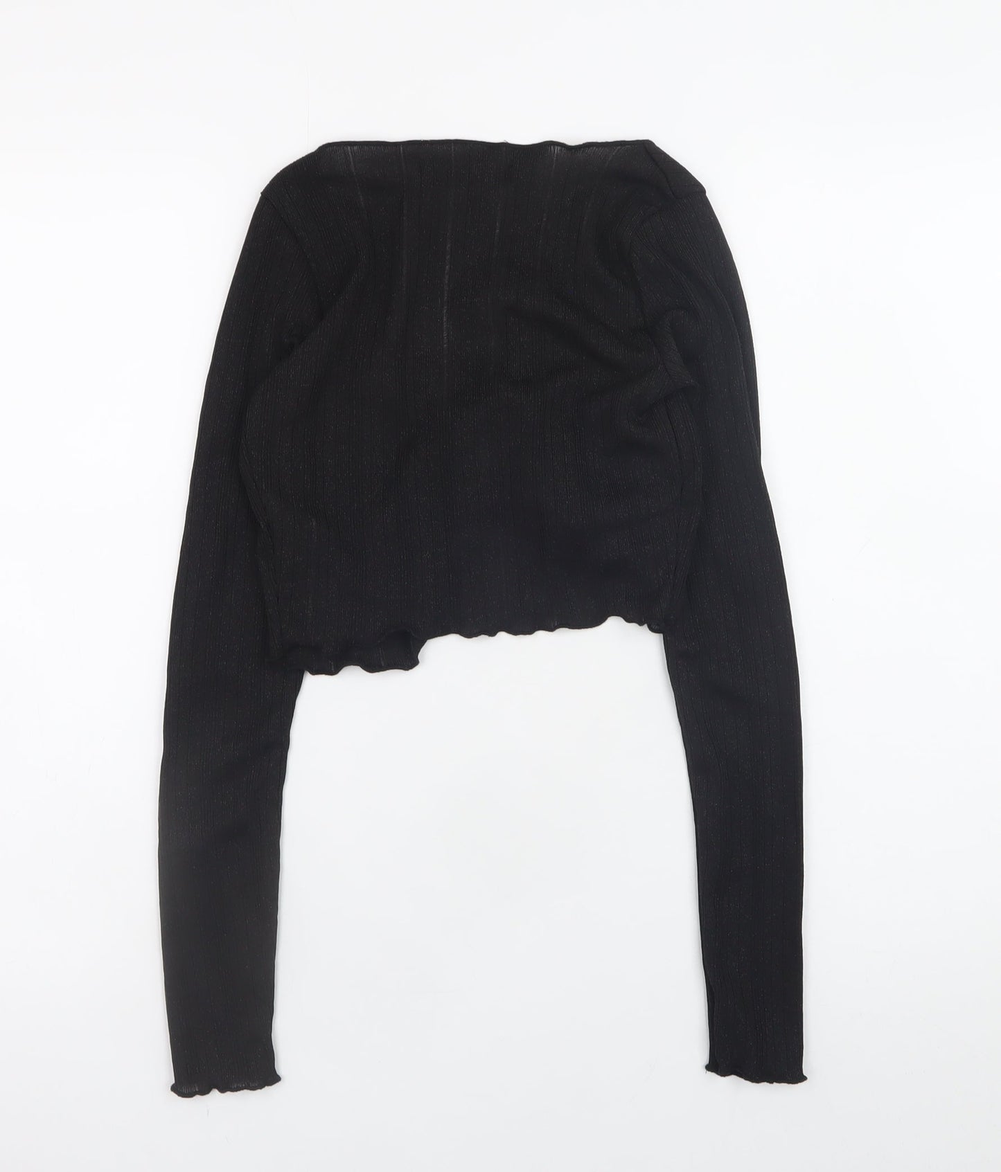 Bershka Women Black Cropped Knit Long Sleeve Tie Blouse XS