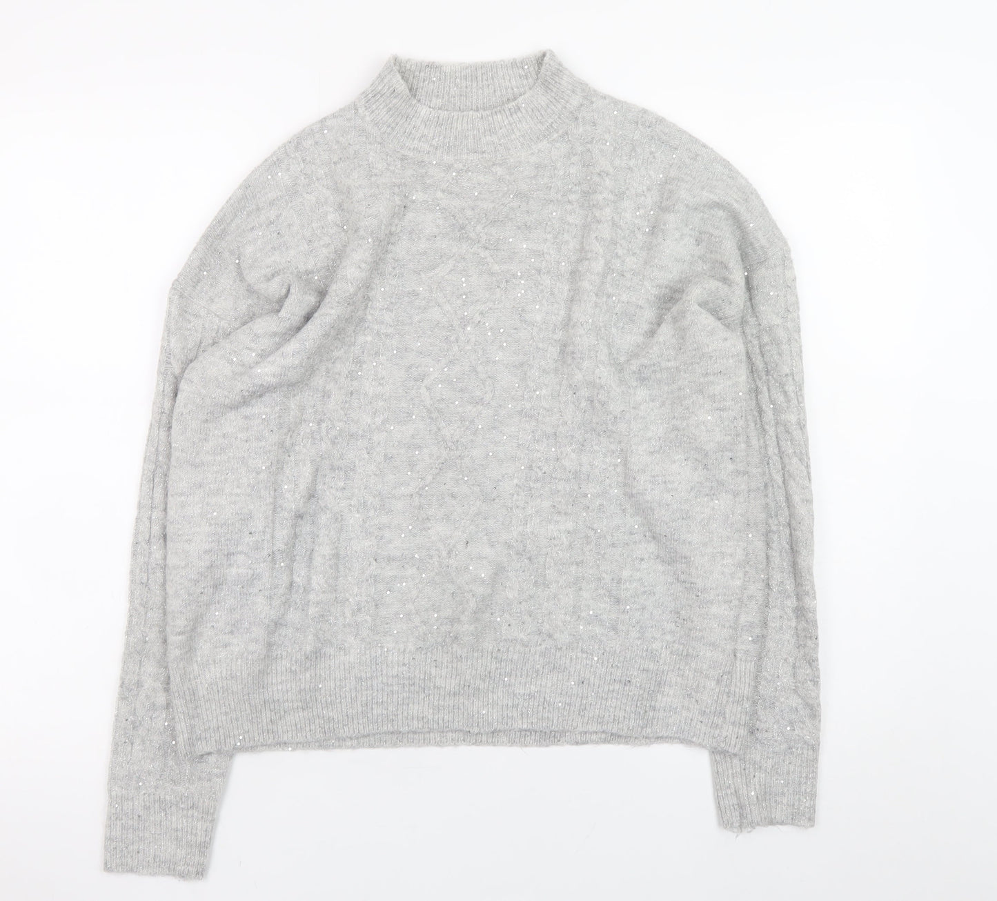 Apricot Womens Grey Mock Neck Sequin Cable Knit Jumper UK 12