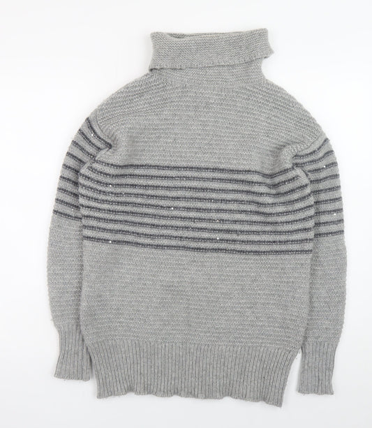Paul Costelloe Living Women’s Grey Striped Roll Neck Merino Wool Jumper XS