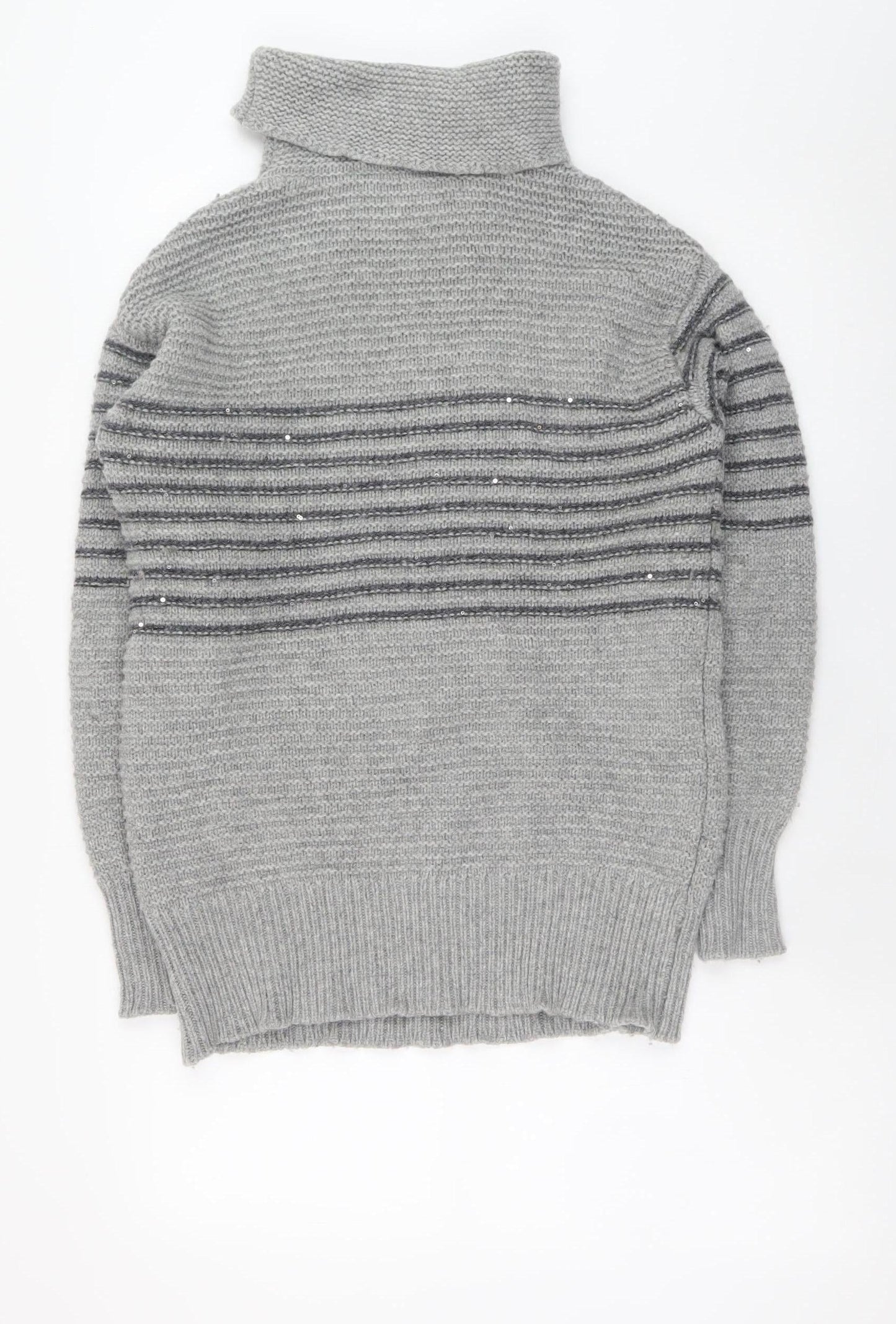 Paul Costelloe Living Women’s Grey Striped Roll Neck Merino Wool Jumper XS