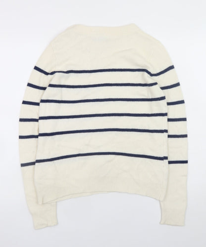 Close-up detail of Henri Lloyd Women's Ivory Striped Crew Neck Wool Blend Jumper M