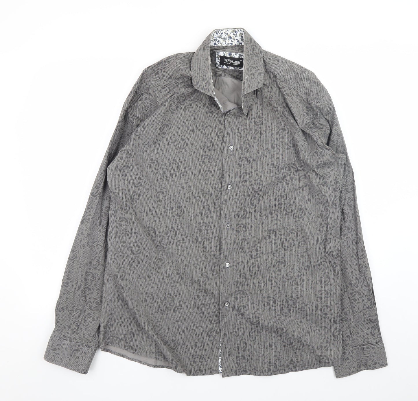 Ben Brown Men's Grey Geometric Cotton Long Sleeve Button-Up Shirt Size L