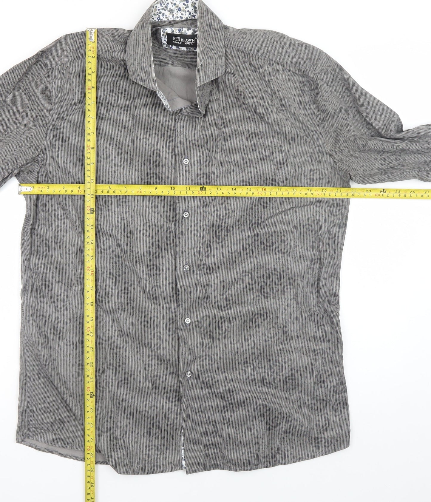 Ben Brown Men's Grey Geometric Cotton Long Sleeve Button-Up Shirt Size L