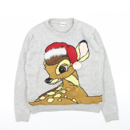 Preloved Disney Women’s Grey Bambi Christmas Pullover Jumper XS - Front