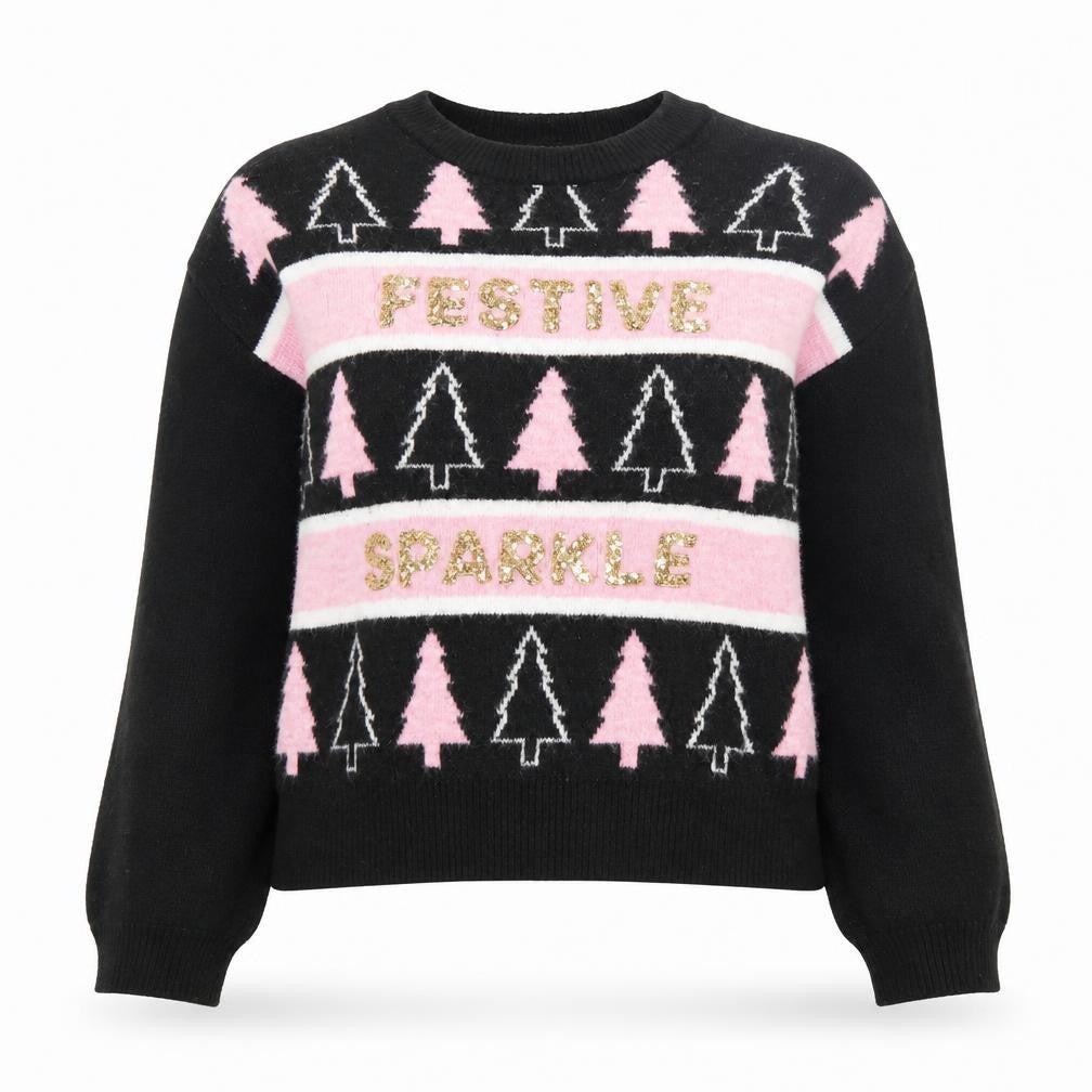 New Look Women's Black Pink Festive Sparkle Jumper Medium