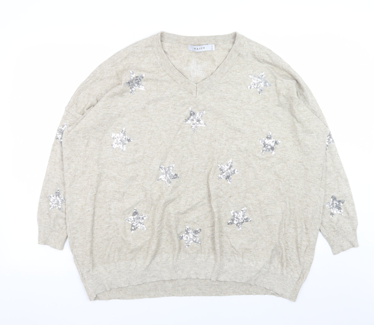 Haven Women Beige Sequin Star V-Neck Relaxed Pullover Jumper One Size