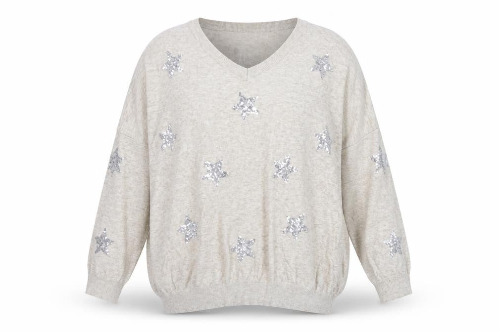 Haven Women Beige Sequin Star V-Neck Relaxed Pullover Jumper One Size