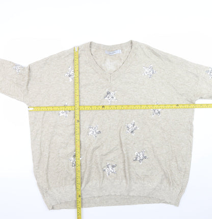 Haven Women Beige Sequin Star V-Neck Relaxed Pullover Jumper One Size