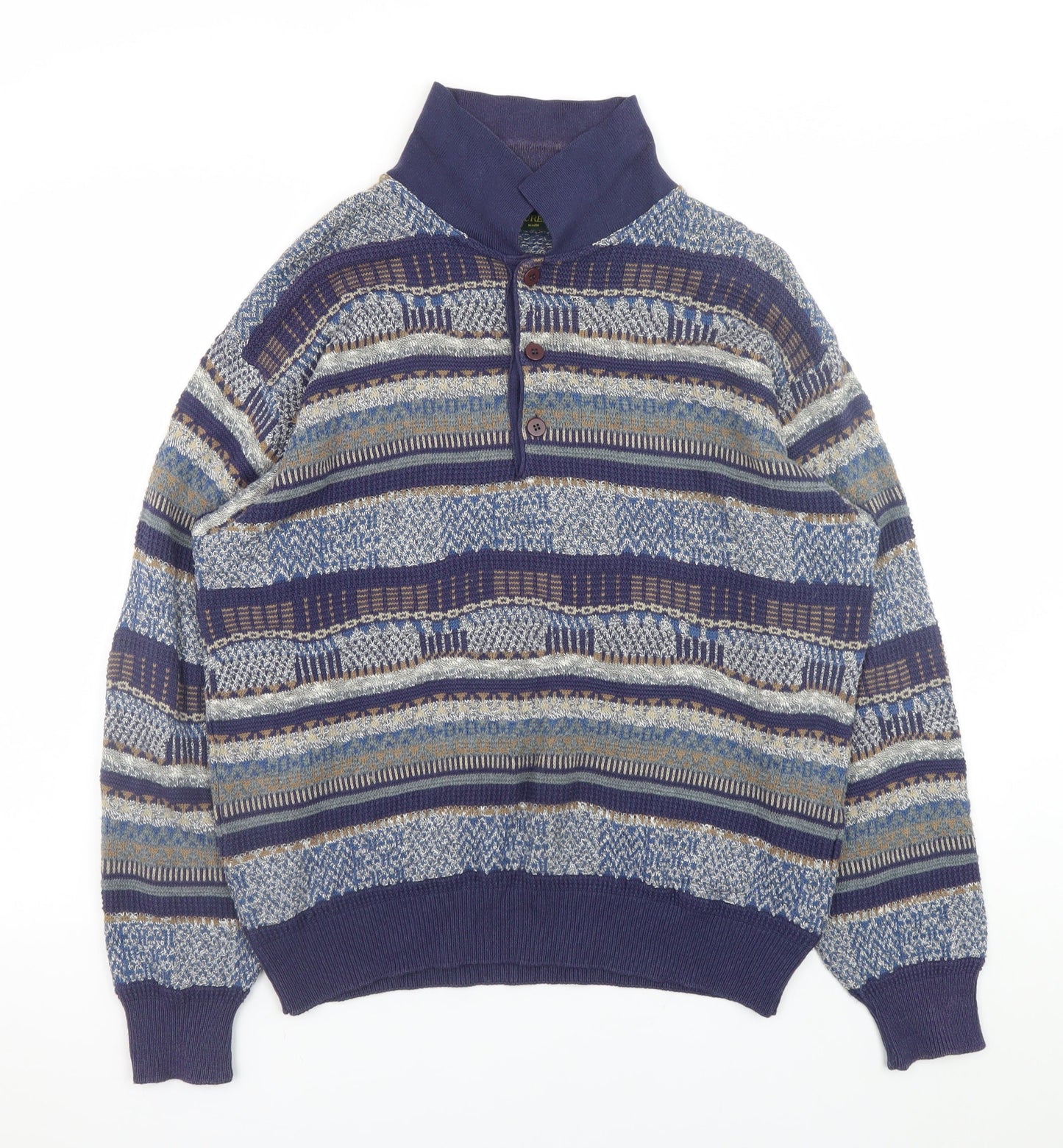 Mc Lauren's Men's Blue Geometric Henley Jumper M Vintage Knitwear