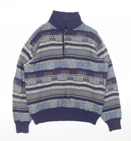 Mc Lauren's Men's Blue Geometric Henley Jumper M Vintage Knitwear