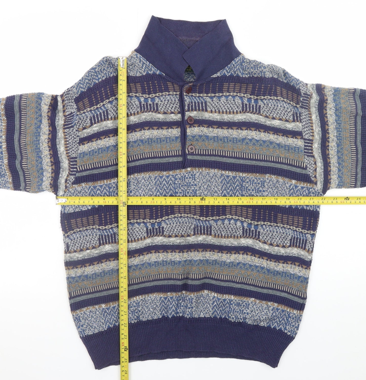 Mc Lauren's Men's Blue Geometric Henley Jumper M Vintage Knitwear