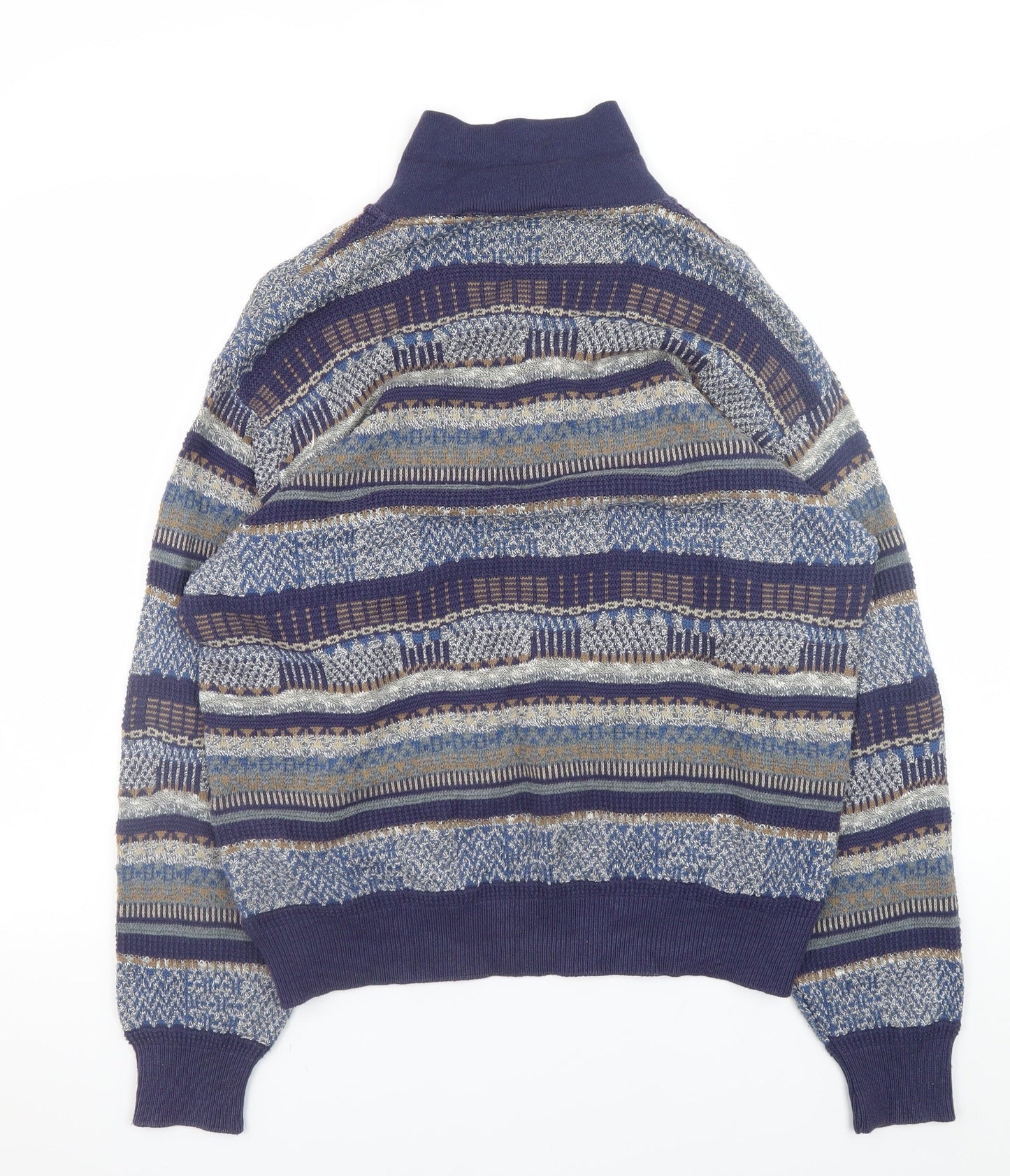 Mc Lauren's Men's Blue Geometric Henley Jumper M Vintage Knitwear
