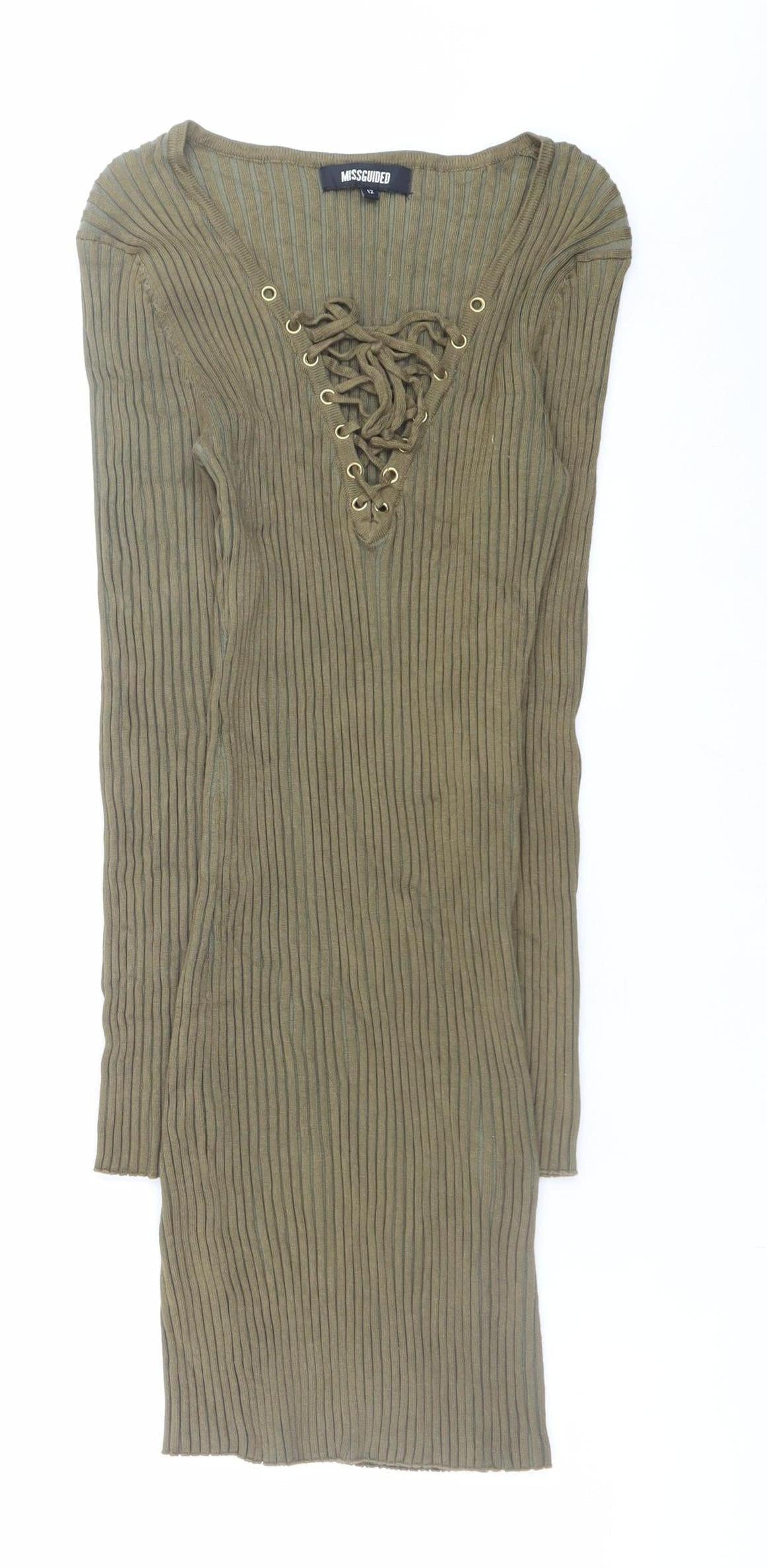 Missguided Women’s Khaki Ribbed Lace Up Long Sleeve Bodycon Dress Size 12