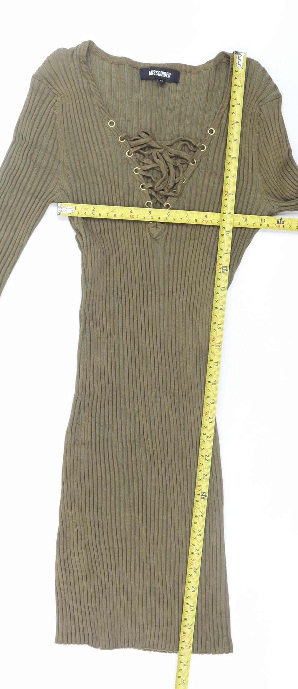 Missguided Women’s Khaki Ribbed Lace Up Long Sleeve Bodycon Dress Size 12