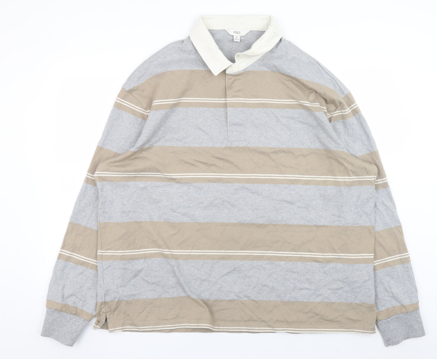 Marks and Spencer Mens Beige Grey Striped Collared 2XL Pullover Sweatshirt