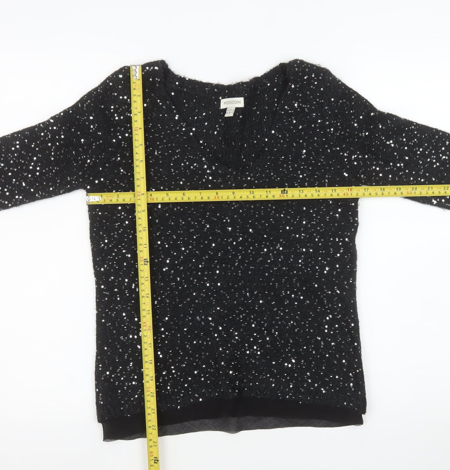 Monsoon Women's Black Sequin V-Neck Pullover Jumper Size 8