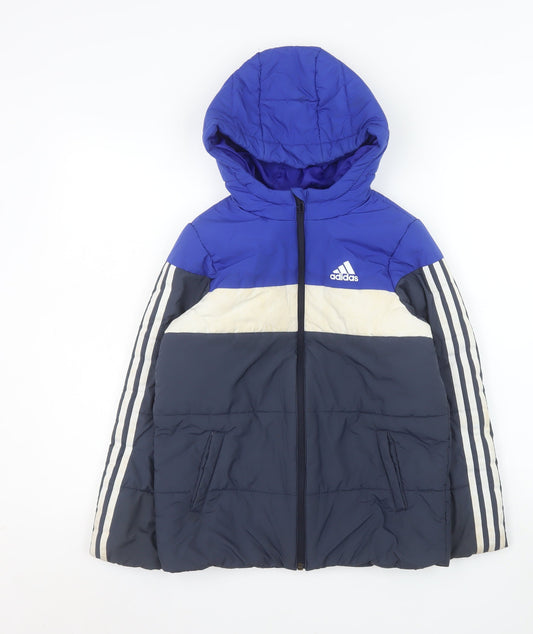 Adidas Boys Blue Colourblock Hooded Puffer Jacket 9-10 Years