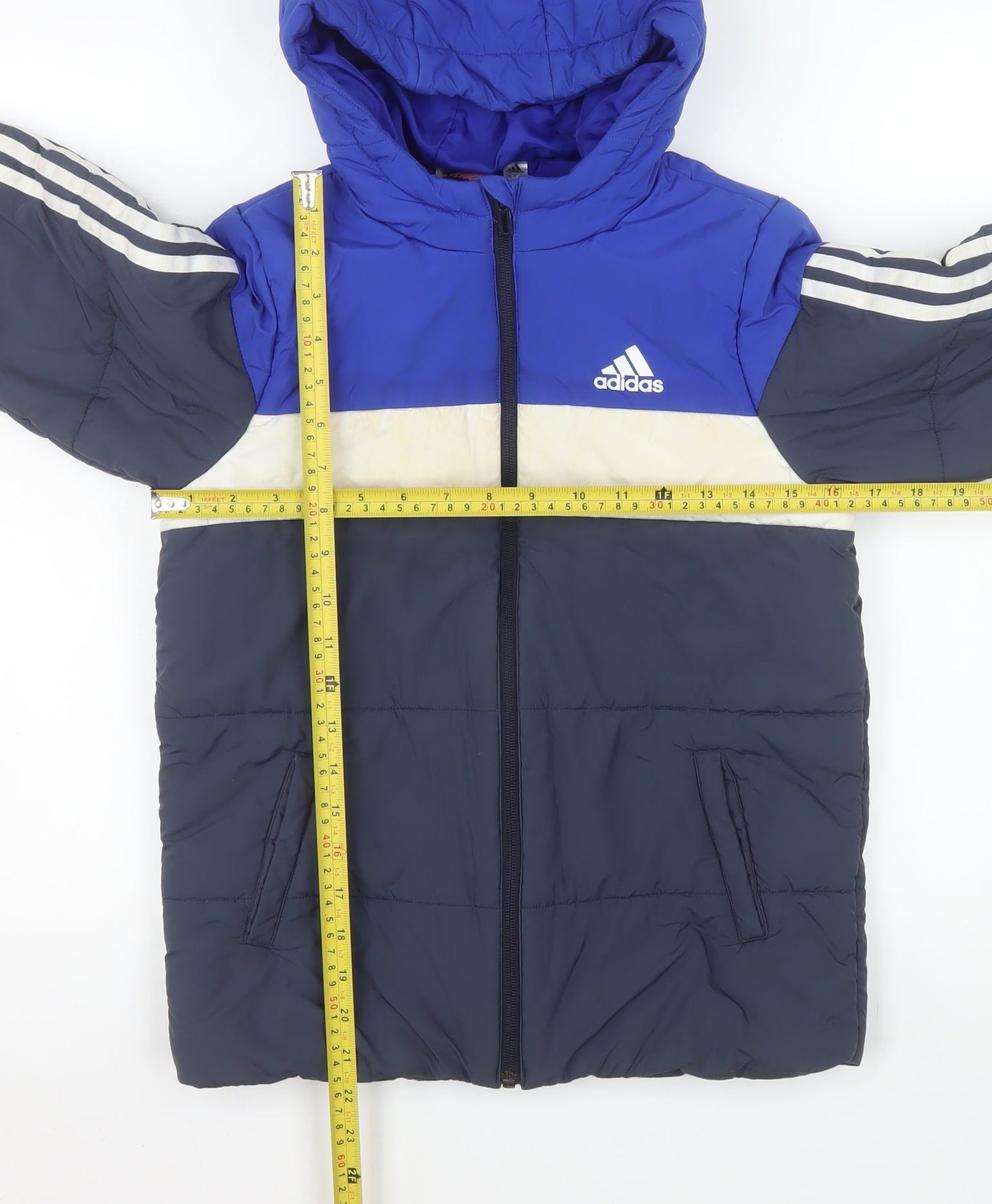 Adidas Boys Blue Colourblock Hooded Puffer Jacket 9-10 Years