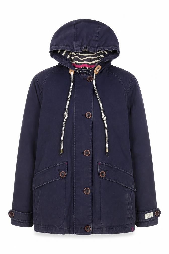 Joules Womens Navy Waterproof Hooded Jacket UK 10 Cotton Lined Casual Coat