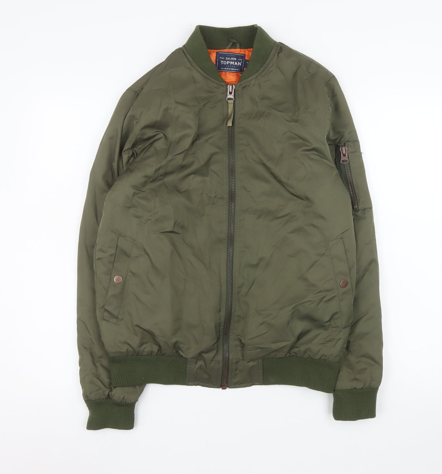 Topman Men's Green Bomber Jacket Size S Classic Polyester Lined